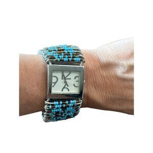 Safety pin beaded  Stainless Steel Water Resistant Watch With Turquoise & Brown